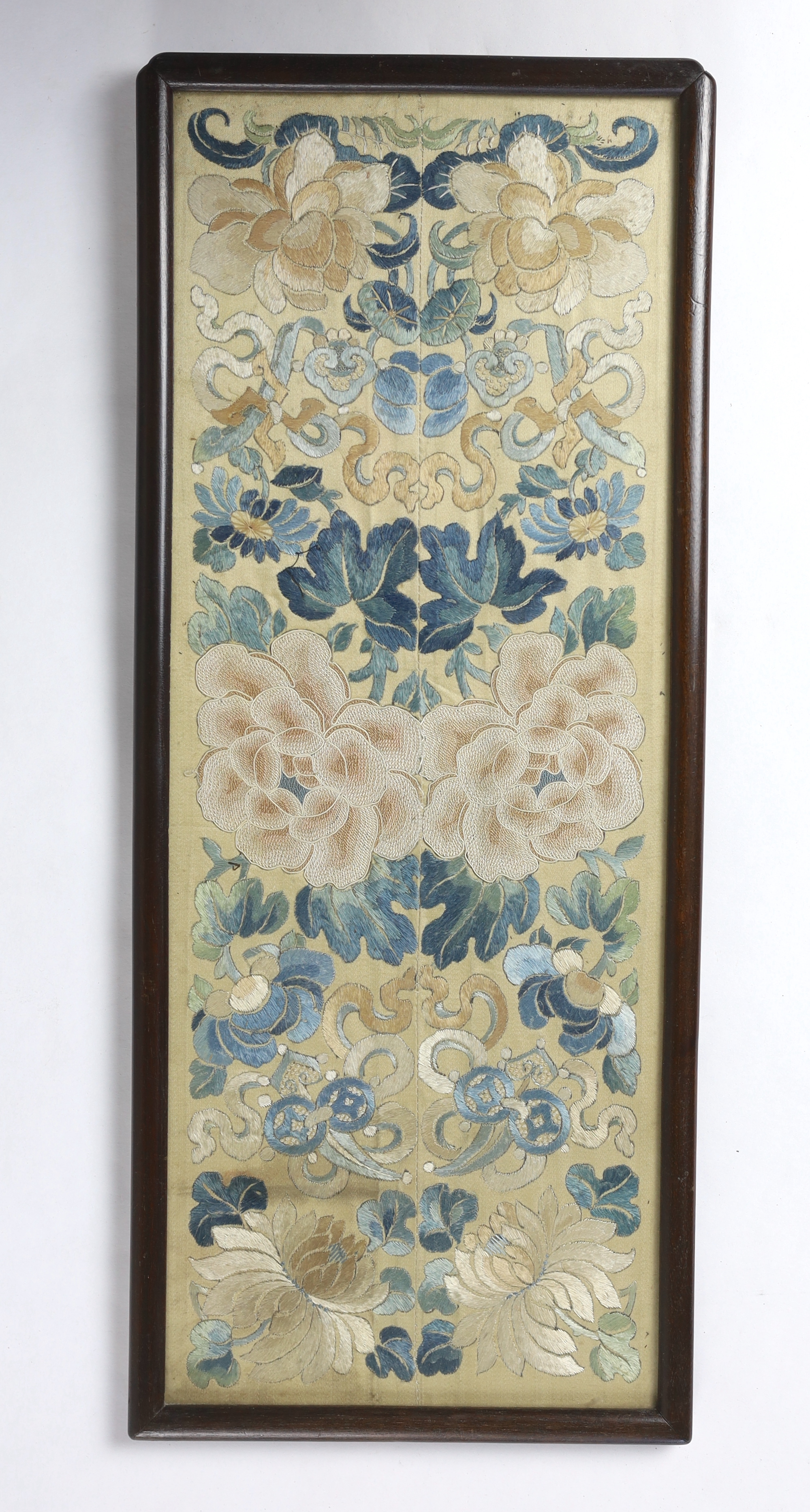 A pair of late 19th / early 20th century sleeve bands, framed together, worked in Chinese knot and stem stitch as flowers and auspicious symbols, 19cm wide x 49.5cm high